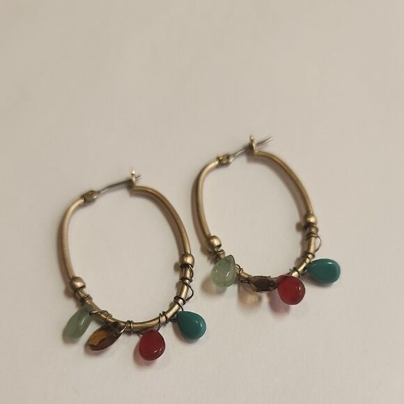 Elegant Brushed Gold Hoop Earrings With Green Semi Precious Gemstone - Picture 1 of 2
